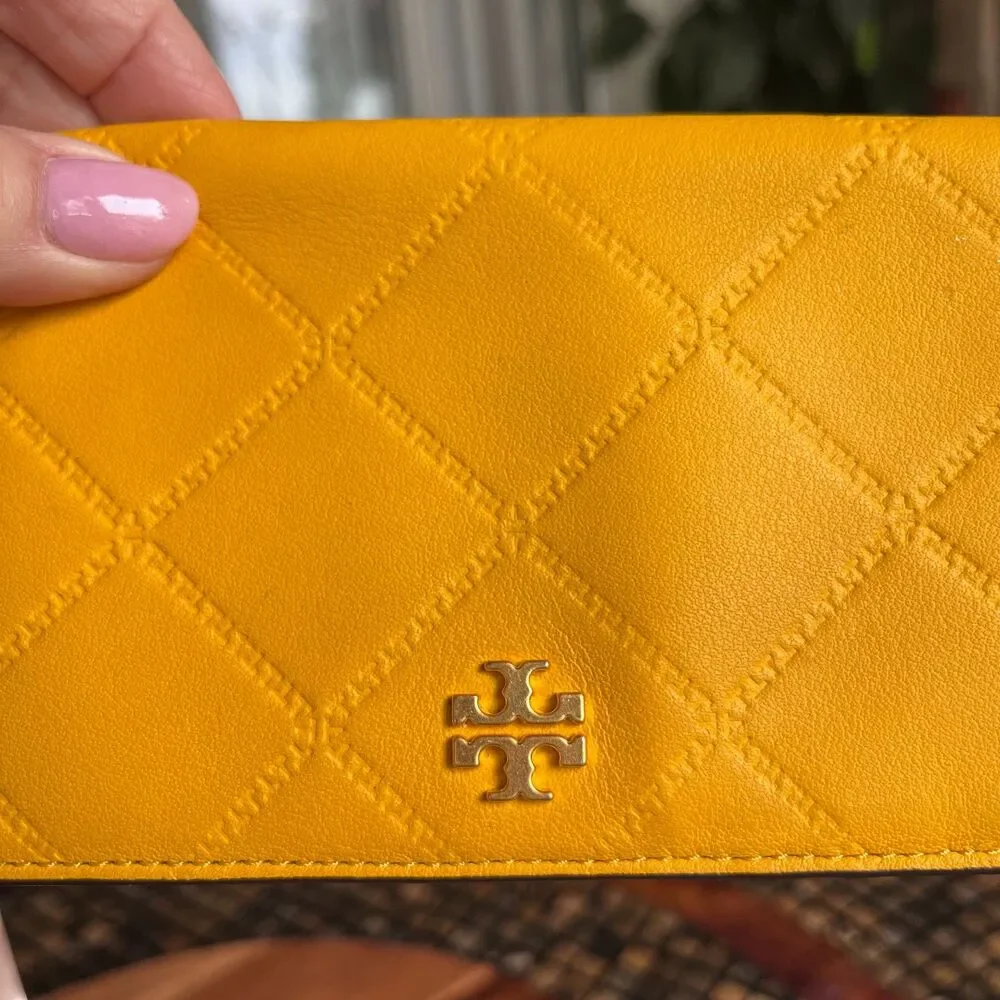 Tory Burch Quilted Wallet Mustard Yellow Gold Hardware EUC